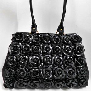 Clever Carriage Company French Black Leather Rose Large‎ Satchel